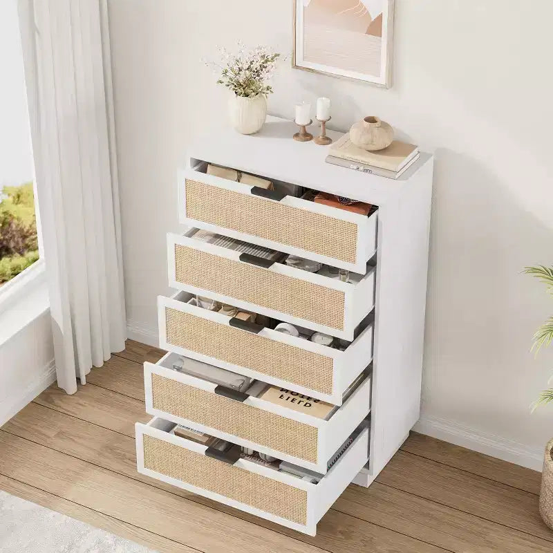 Comodino a 5 cassetti in rattan per camera da letto, corpo e gambe del mobile integrati, cassettiera in legno per corridoi, ingressi e armadi, facile montaggio