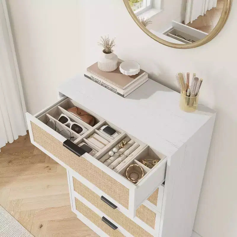 Comodino a 5 cassetti in rattan per camera da letto, corpo e gambe del mobile integrati, cassettiera in legno per corridoi, ingressi e armadi, facile montaggio