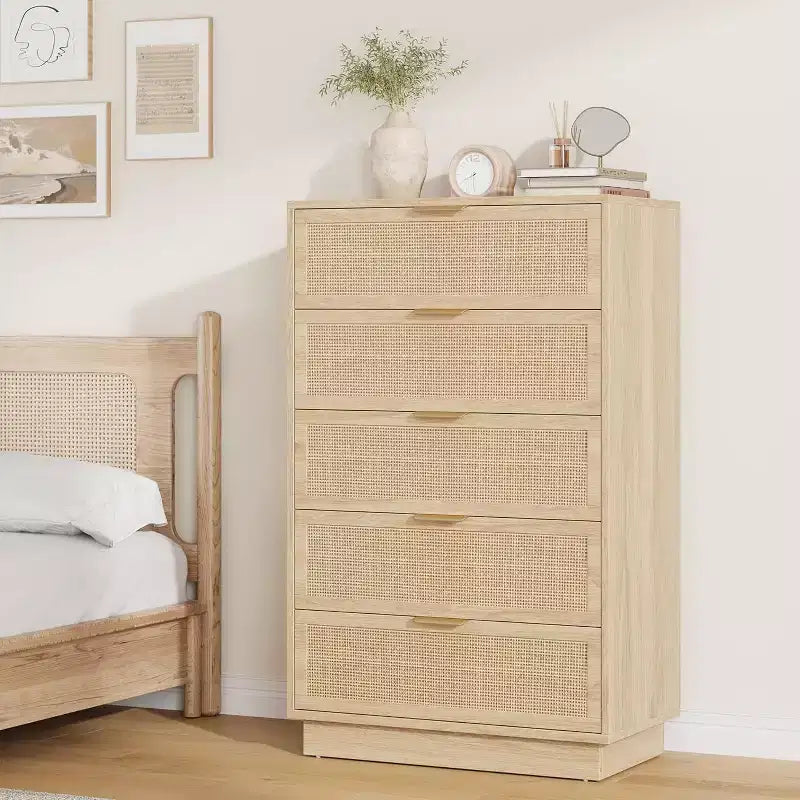Comodino a 5 cassetti in rattan per camera da letto, corpo e gambe del mobile integrati, cassettiera in legno per corridoi, ingressi e armadi, facile montaggio