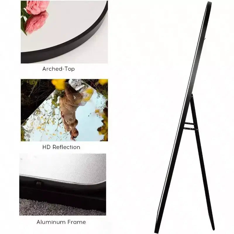 Specchio intero ad arco nero, 58x18 con cornice in alluminio. Utilizzabile come specchio da pavimento autoportante o a parete