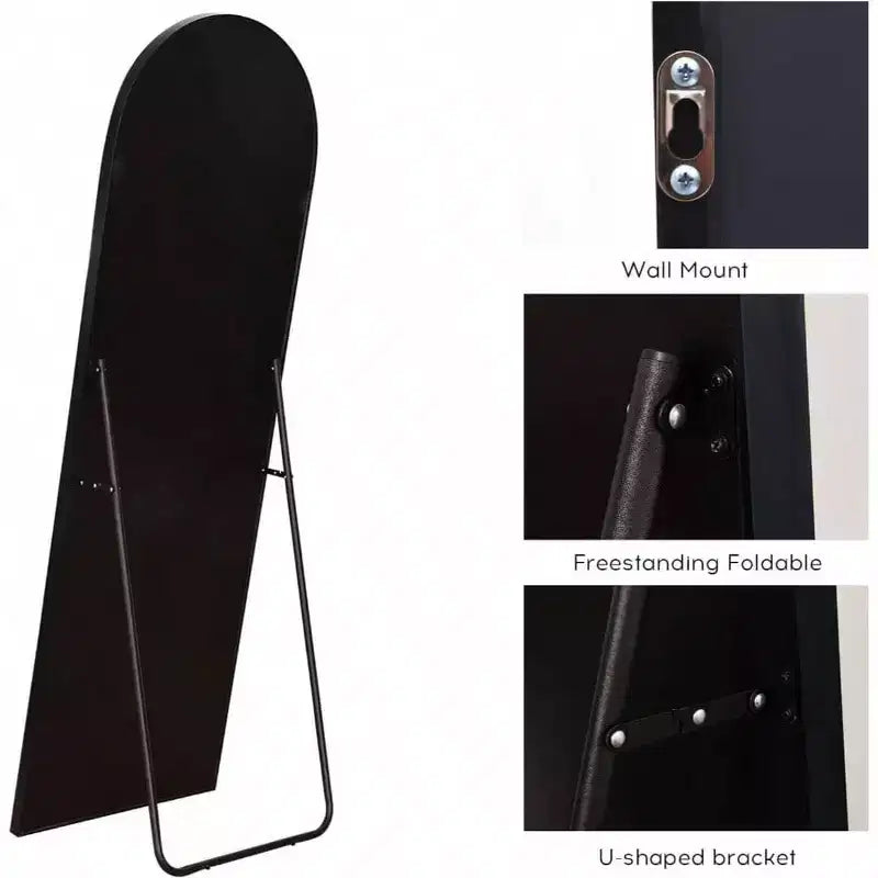 Specchio intero ad arco nero, 58x18 con cornice in alluminio. Utilizzabile come specchio da pavimento autoportante o a parete