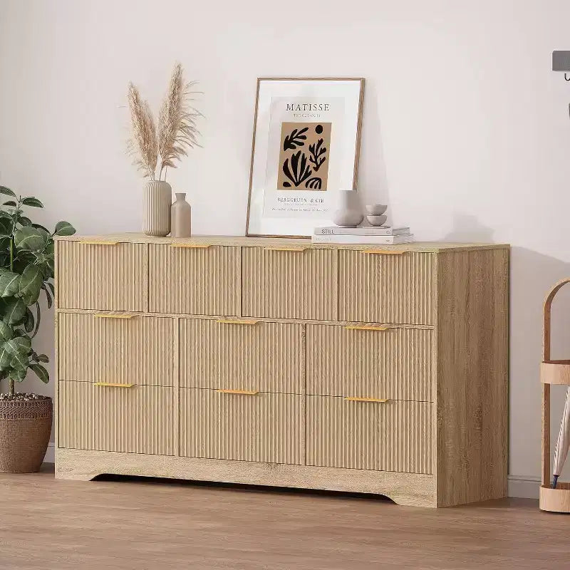 55 Fluted Dresser with Gold Handles, 10-Drawer Double Dresser Organizer, Modern Long Chest for Bedroom Closet Storage, Natural