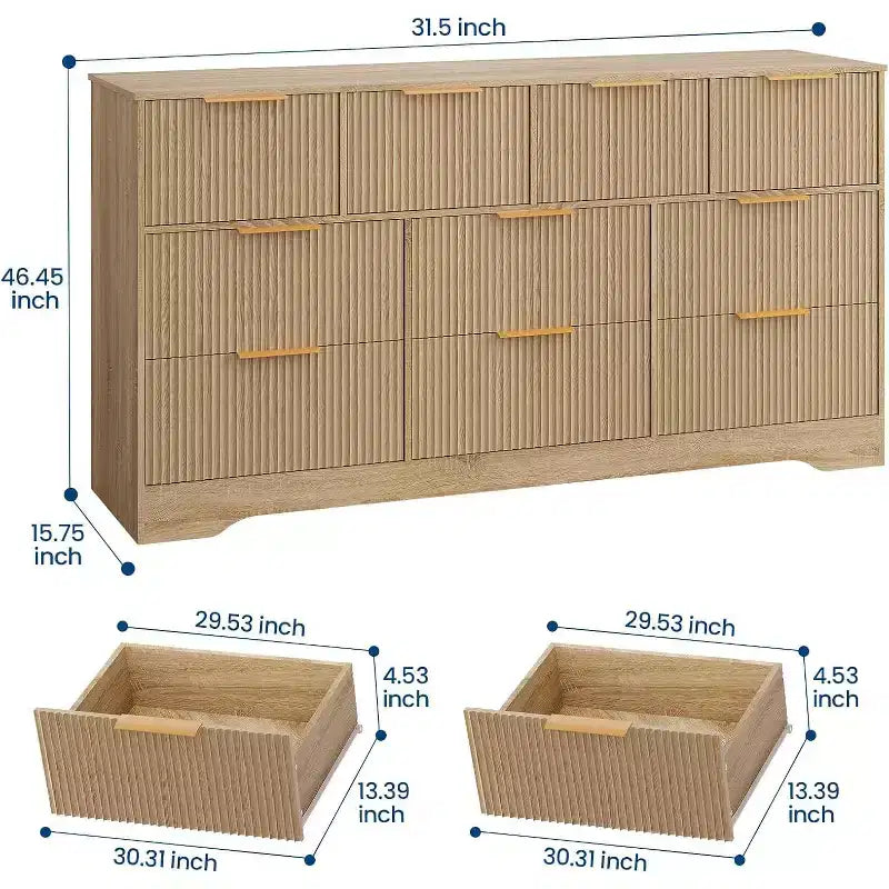 Comò scanalato da 55 pollici con maniglie dorate, comò organizer a 10 cassetti, cassettiera lunga moderna per camera da letto, naturale