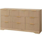 Comò scanalato da 55 pollici con maniglie dorate, comò organizer a 10 cassetti, cassettiera lunga moderna per camera da letto, naturale