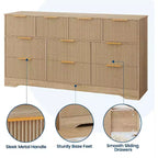 Comò scanalato da 55 pollici con maniglie dorate, comò organizer a 10 cassetti, cassettiera lunga moderna per camera da letto, naturale