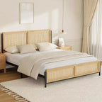 Struttura letto in rattan Boho, piattaforma in legno naturale con testiera contenitore per la camera da letto