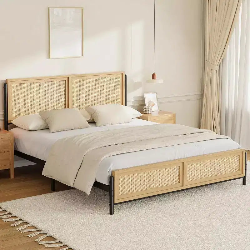 Struttura letto in rattan Boho, piattaforma in legno naturale con testiera contenitore per la camera da letto