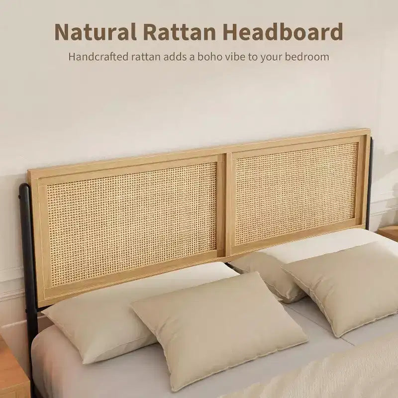 Struttura letto in rattan Boho, piattaforma in legno naturale con testiera contenitore per la camera da letto