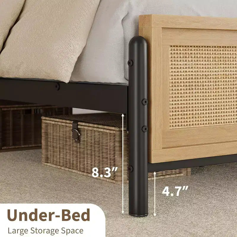 Struttura letto in rattan Boho, piattaforma in legno naturale con testiera contenitore per la camera da letto