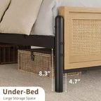 Struttura letto in rattan Boho, piattaforma in legno naturale con testiera contenitore per la camera da letto