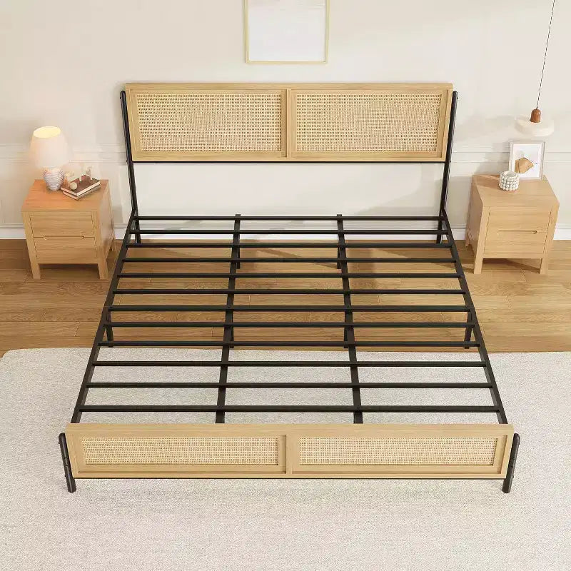 Struttura letto in rattan Boho, piattaforma in legno naturale con testiera contenitore per la camera da letto