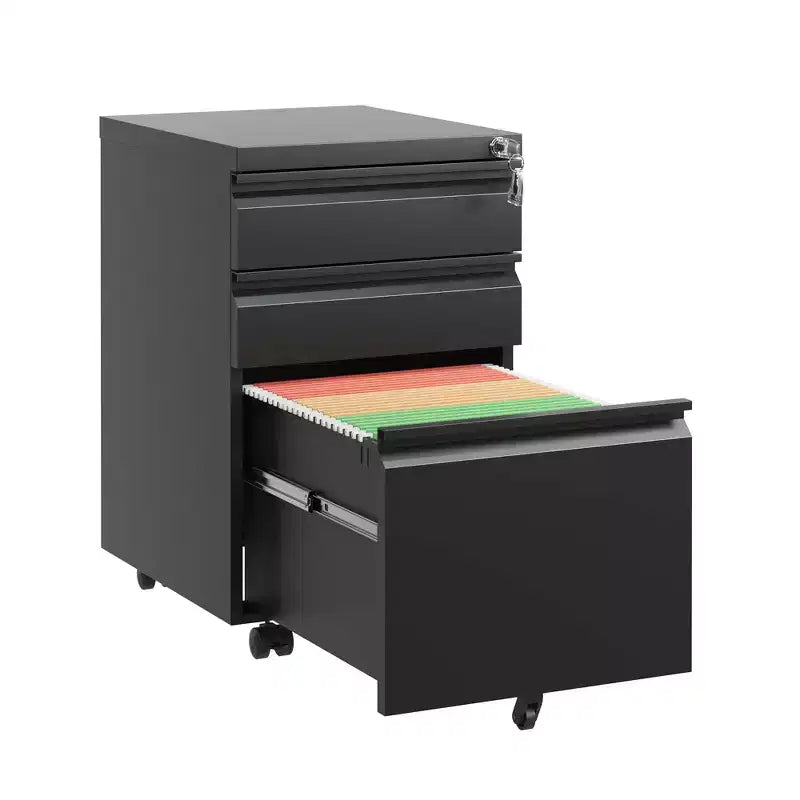 14,69 Mobiletto Archivio a 3 Cassetti con Serratura, Armadietto Portadocumenti in Metallo Nero Completamente Assemblato per Ufficio Domestico, Adatto per Formato Letter/Legale/A4