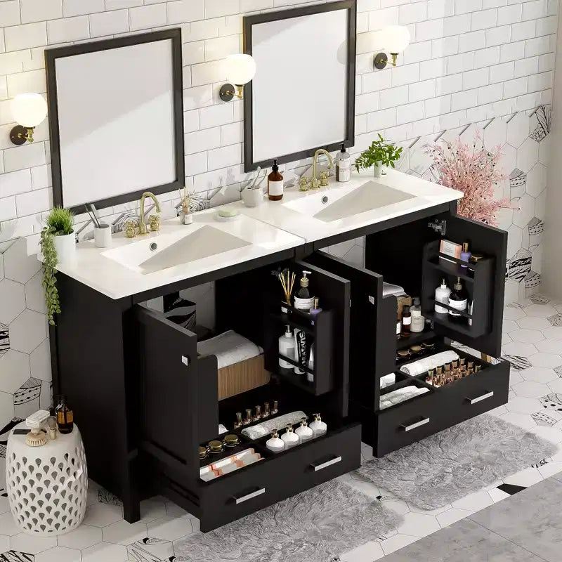 Mobile bagno a doppia lavabo 48 Vintage, con ante a chiusura ammortizzata e ripiano