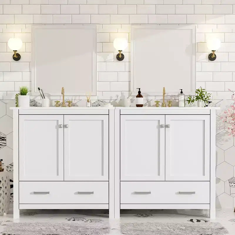 Mobile bagno a doppia lavabo 48 Vintage, con ante a chiusura ammortizzata e ripiano