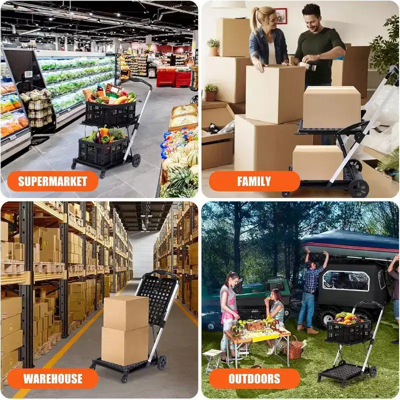Carrello Utilitario Pieghevole per Ufficio con Ruote, Carrello Portautensili a 2 Livelli con Rotelle, Organizzatore Multiuso Pieghevole, Nero, 2 Scatole di Carico