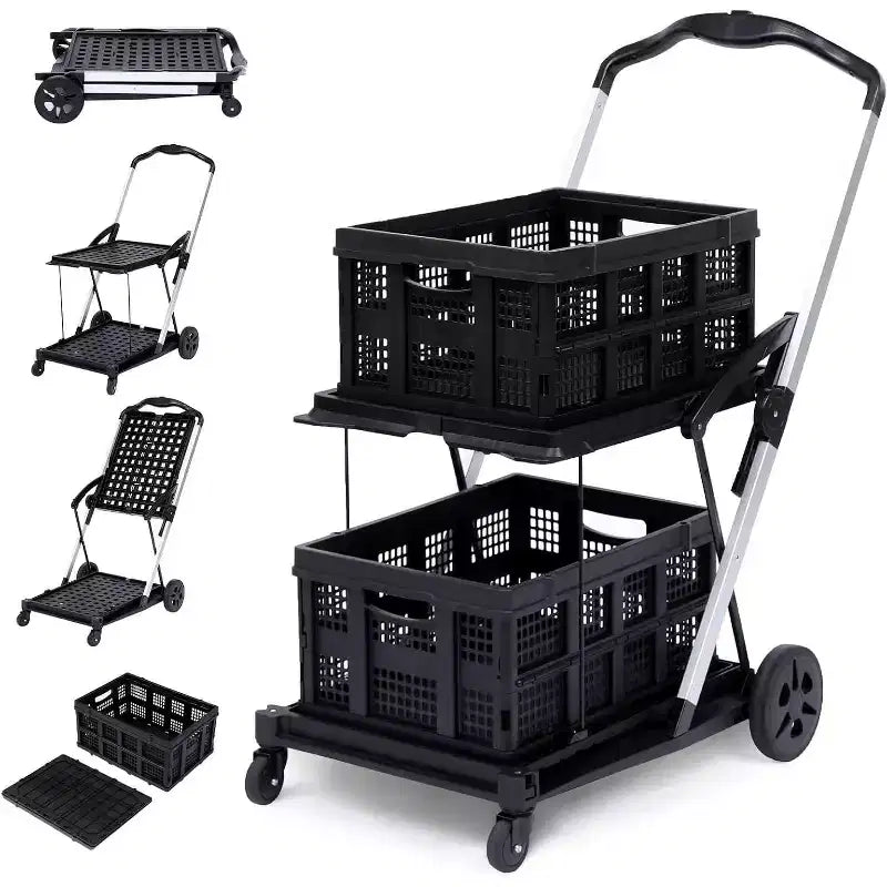 Carrello Utilitario Pieghevole per Ufficio con Ruote, Carrello Portautensili a 2 Livelli con Rotelle, Organizzatore Multiuso Pieghevole, Nero, 2 Scatole di Carico