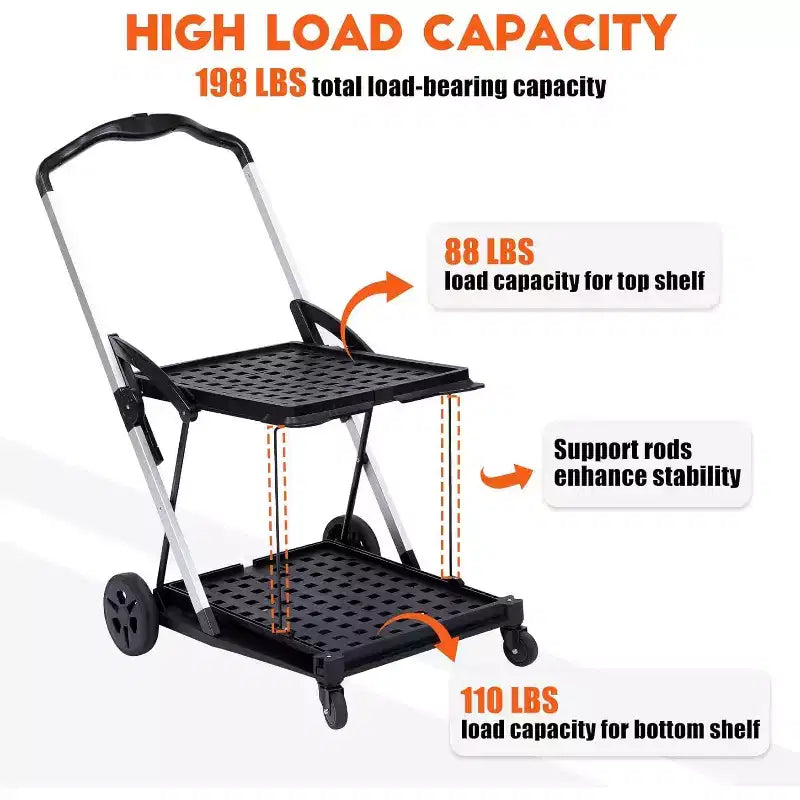 Carrello Utilitario Pieghevole per Ufficio con Ruote, Carrello Portautensili a 2 Livelli con Rotelle, Organizzatore Multiuso Pieghevole, Nero, 2 Scatole di Carico