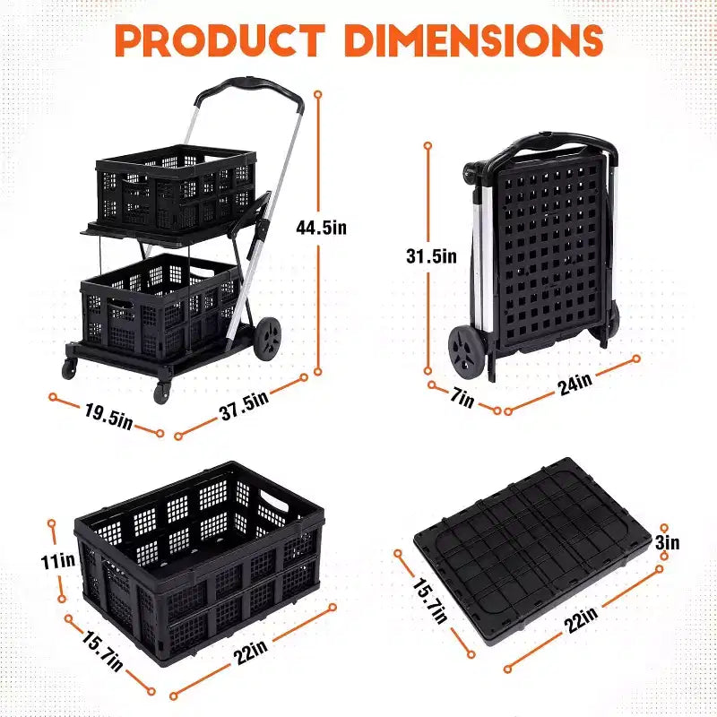 Carrello Utilitario Pieghevole per Ufficio con Ruote, Carrello Portautensili a 2 Livelli con Rotelle, Organizzatore Multiuso Pieghevole, Nero, 2 Scatole di Carico