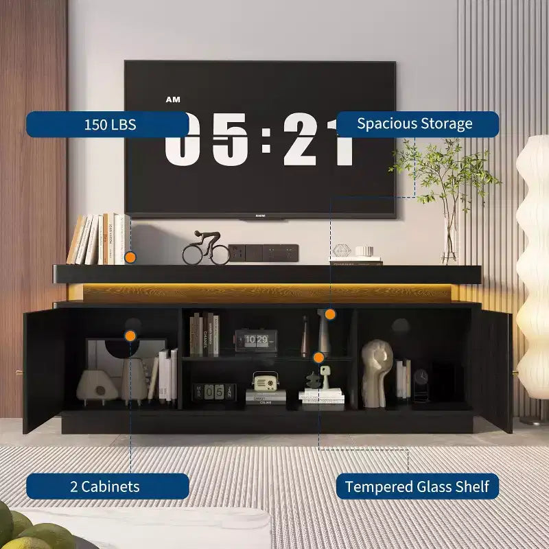 Mobile porta TV moderno da 63 pollici con prese di corrente, ripiano regolabile e contenitore, console multimediale per soggiorno