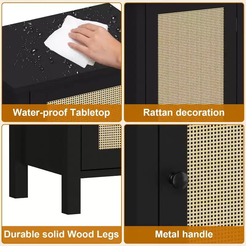 Comodino rustico con anta in rattan, tavolino laterale accentato nero con contenitore - Comodino moderno compatto per camera da letto, soggiorno, ufficio