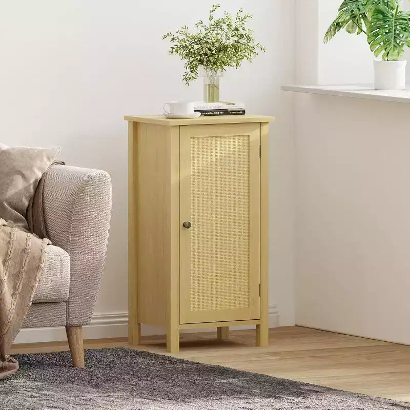Comodino rustico con anta in rattan, tavolino laterale accentato nero con contenitore - Comodino moderno compatto per camera da letto, soggiorno, ufficio