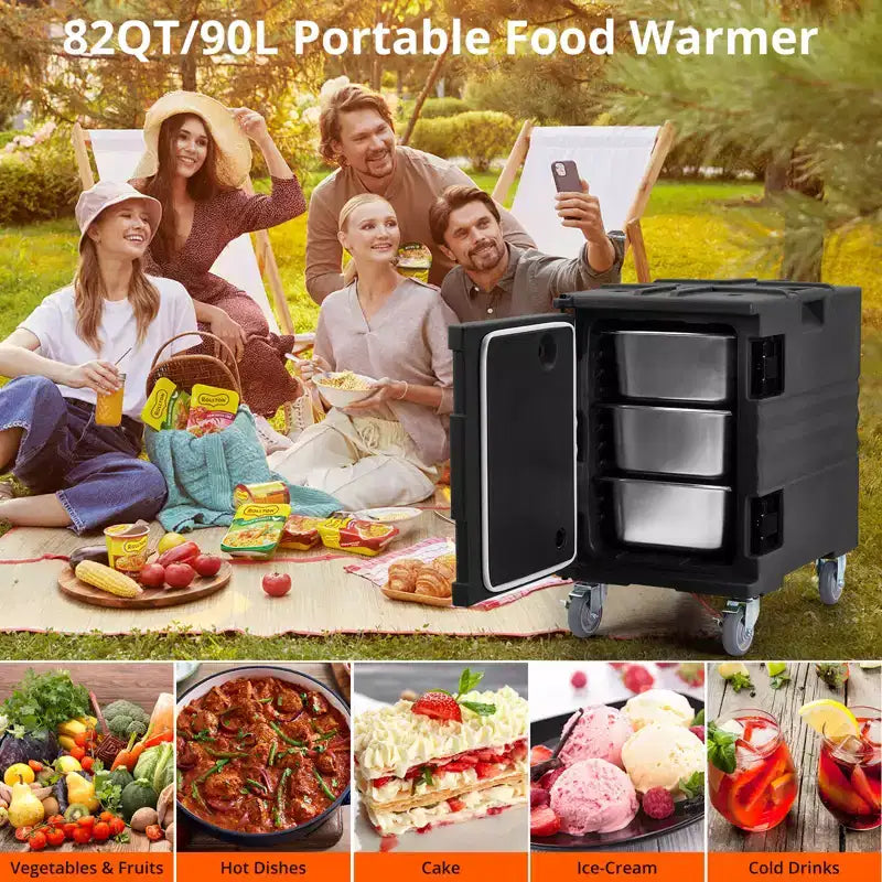 Scaldavivande portatile da 77 litri, riscaldamento efficiente, caricamento bilaterale, ruote per riunioni di famiglia e mense