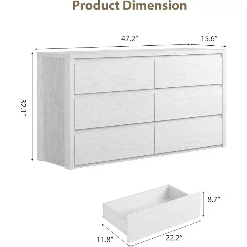 Cassettiera a 6 cassetti per camera da letto, Comò in legno largo senza maniglie, Grande cassettiera moderna per soggiorno, ingresso, corridoio
