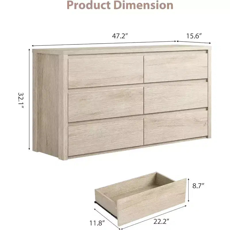 Cassettiera a 6 cassetti per camera da letto, Comò in legno largo senza maniglie, Grande cassettiera moderna per soggiorno, ingresso, corridoio