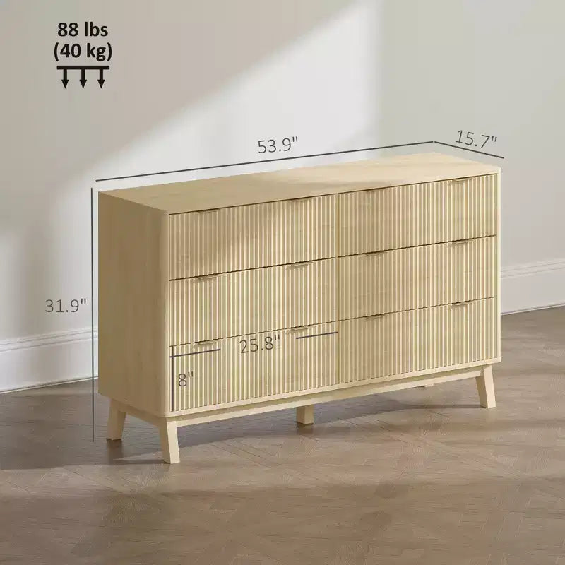 Comò a 6 cassetti per camera da letto, cassettiera scanalata con maniglie dorate e 5 gambe in legno