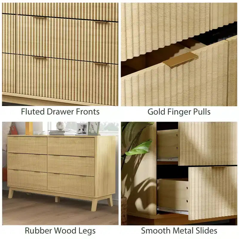 Comò a 6 cassetti per camera da letto, cassettiera scanalata con maniglie dorate e 5 gambe in legno