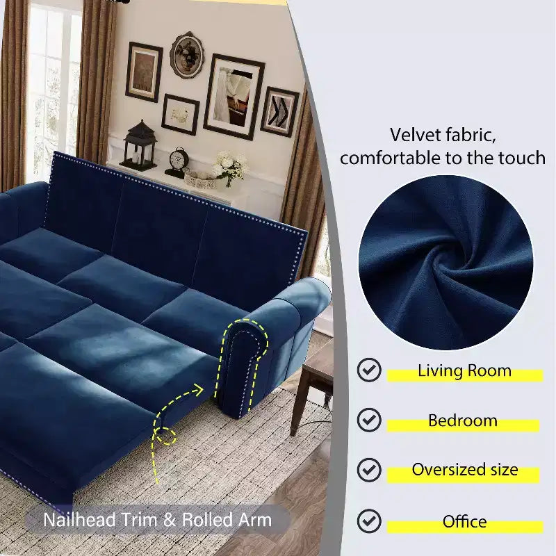 Divano letto King 3 in 1 in velluto da 93.7" con borchie e braccioli arrotolati, blu