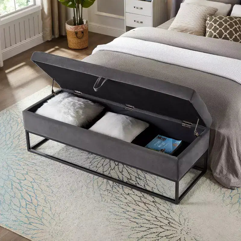 58.6 Panca Ottomana di Tendenza a Fondo Letto con Contenitore, Ottomana di Lusso in Velluto, Panca Accento Imbottita in Morbida Schiuma con Gambe in Ferro, Capacità 227 kg