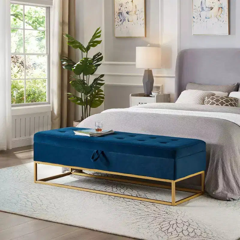 58.6 Panca Ottomana di Tendenza a Fondo Letto con Contenitore, Ottomana di Lusso in Velluto, Panca Accento Imbottita in Morbida Schiuma con Gambe in Ferro, Capacità 227 kg