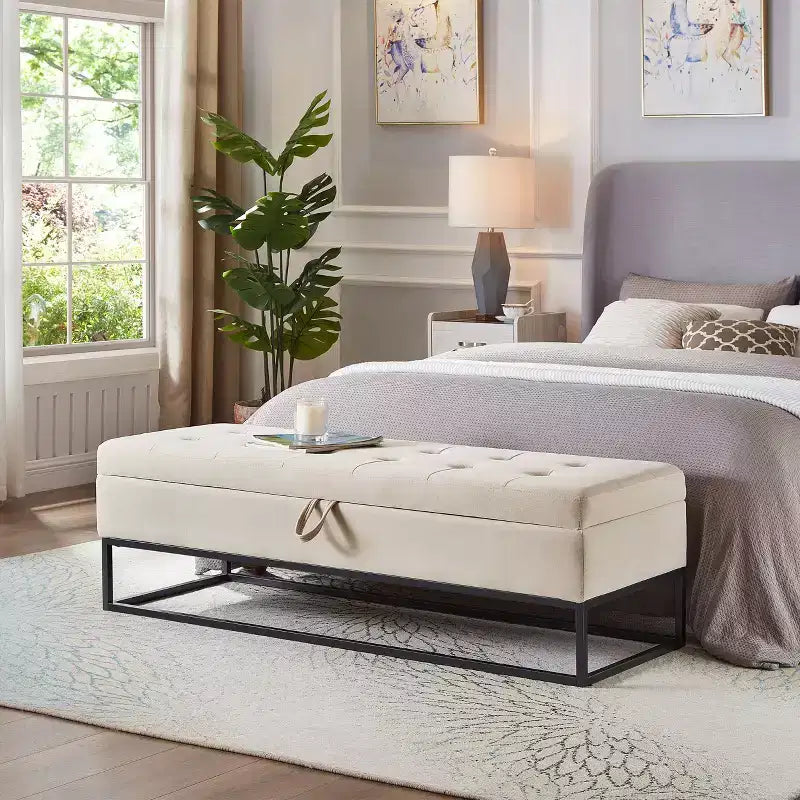 58.6 Panca Ottomana di Tendenza a Fondo Letto con Contenitore, Ottomana di Lusso in Velluto, Panca Accento Imbottita in Morbida Schiuma con Gambe in Ferro, Capacità 227 kg
