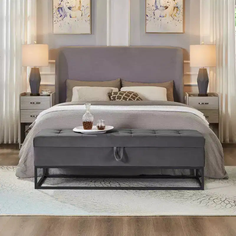 58.6 Panca Ottomana di Tendenza a Fondo Letto con Contenitore, Ottomana di Lusso in Velluto, Panca Accento Imbottita in Morbida Schiuma con Gambe in Ferro, Capacità 227 kg