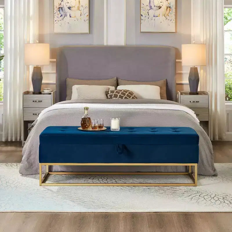 58.6 Panca Ottomana di Tendenza a Fondo Letto con Contenitore, Ottomana di Lusso in Velluto, Panca Accento Imbottita in Morbida Schiuma con Gambe in Ferro, Capacità 227 kg