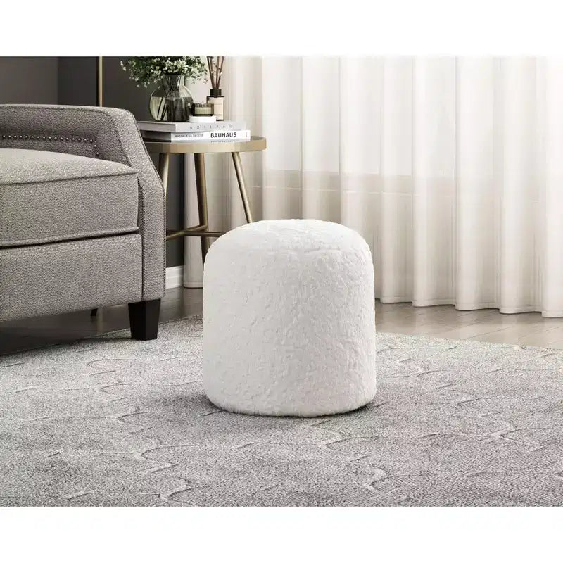 Poggiapiedi Pouf 17H in Ecopelliccia per Soggiorno, Sgabello Rotondo Antiscivolo a Sacco, Capacità 136 kg, Bianco sporco