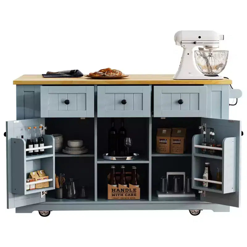 53 Grande Isola da Cucina con Rotelle, Ribalta e Presa Elettrica, Carrello da Cucina con Ante, 5 Ripiani Laterali e 5 Ruote, Blu Grigio