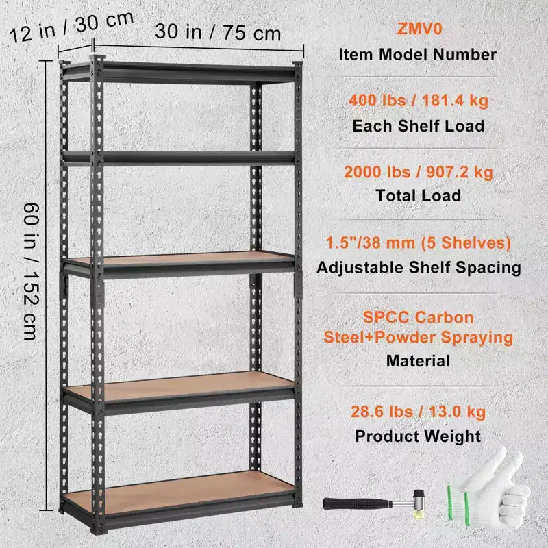 Scaffale portaoggetti 30x12x60 pollici, a 5 ripiani regolabili con capacità di 2000 libbre, ripiani da garage per carichi pesanti, organizer in metallo, porta attrezzi, nero