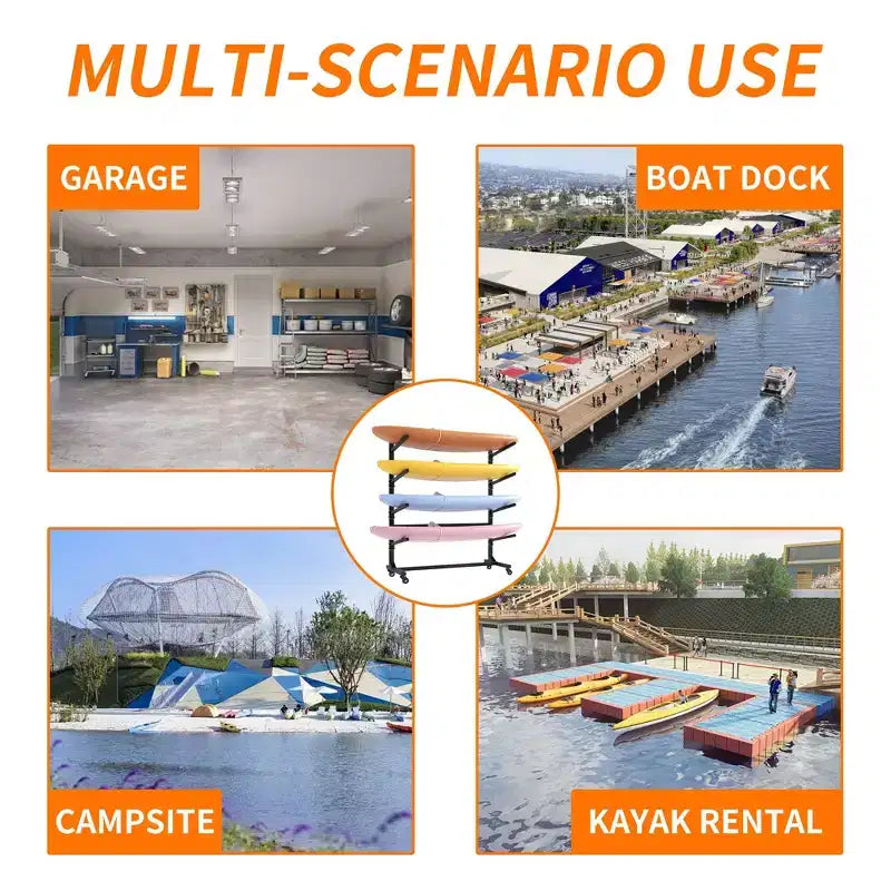 Porta kayak autoportante 80H, supporto regolabile resistente con ruote bloccabili, capacità 4 kayak/canoa/SUP/tavola da surf (nero)