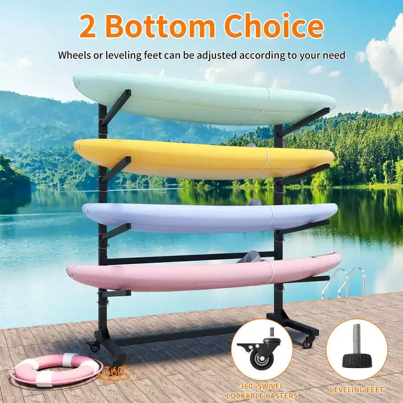 Porta kayak autoportante 80H, supporto regolabile resistente con ruote bloccabili, capacità 4 kayak/canoa/SUP/tavola da surf (nero)