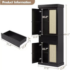Armadio alto 175 cm con ante in rattan e ripiani regolabili, Credenza a 4 ante con cassetto per soggiorno, ufficio, sala da pranzo, nero