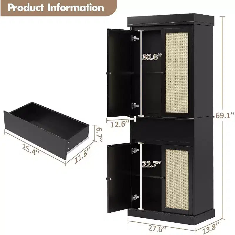 Armadio alto 175 cm con ante in rattan e ripiani regolabili, Credenza a 4 ante con cassetto per soggiorno, ufficio, sala da pranzo, nero