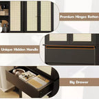 Armadio alto 175 cm con ante in rattan e ripiani regolabili, Credenza a 4 ante con cassetto per soggiorno, ufficio, sala da pranzo, nero