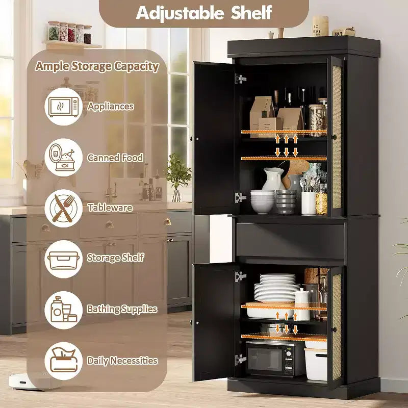 Armadio alto 175 cm con ante in rattan e ripiani regolabili, Credenza a 4 ante con cassetto per soggiorno, ufficio, sala da pranzo, nero