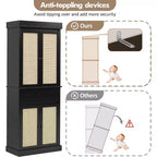 Armadio alto 175 cm con ante in rattan e ripiani regolabili, Credenza a 4 ante con cassetto per soggiorno, ufficio, sala da pranzo, nero