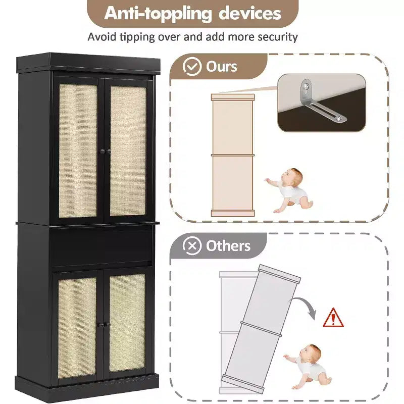 Armadio alto 175 cm con ante in rattan e ripiani regolabili, Credenza a 4 ante con cassetto per soggiorno, ufficio, sala da pranzo, nero