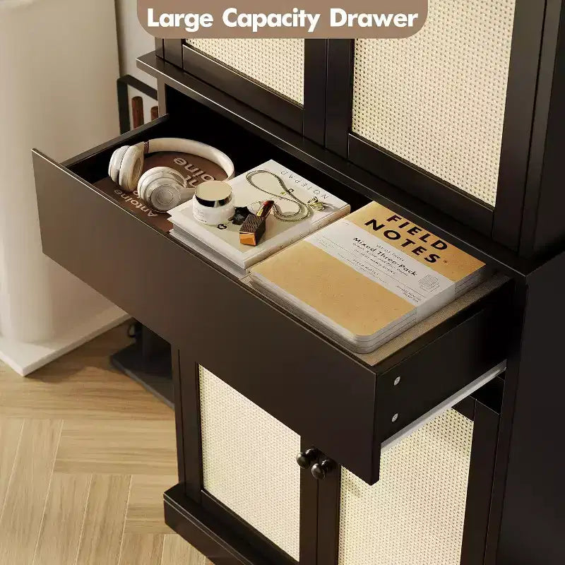 Armadio alto 175 cm con ante in rattan e ripiani regolabili, Credenza a 4 ante con cassetto per soggiorno, ufficio, sala da pranzo, nero