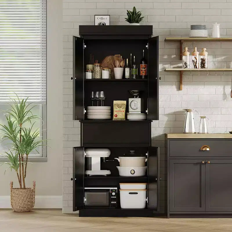Armadio alto 175 cm con ante in rattan e ripiani regolabili, Credenza a 4 ante con cassetto per soggiorno, ufficio, sala da pranzo, nero