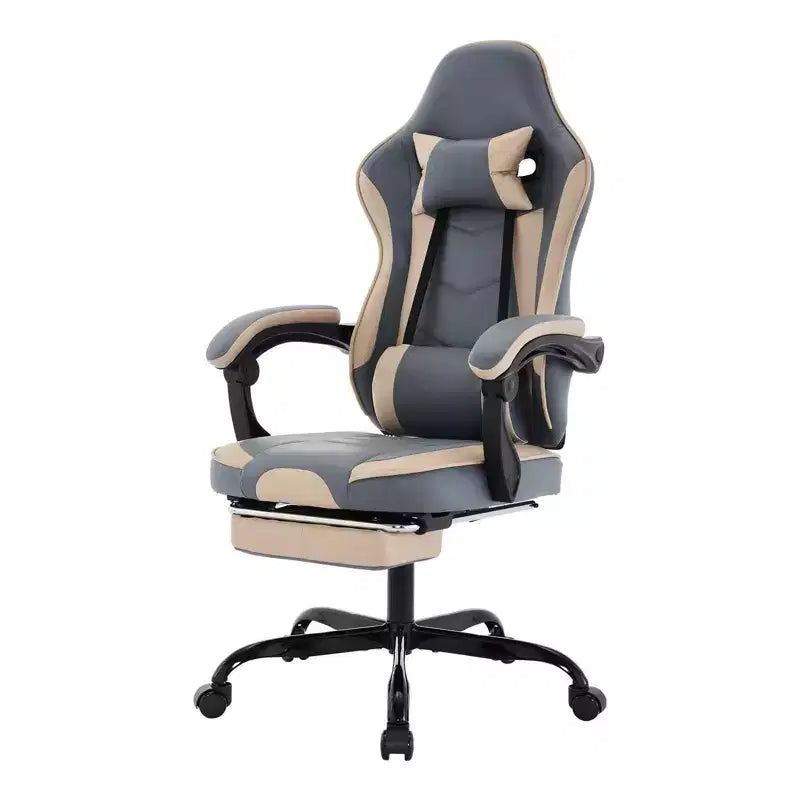 Sedia da Gaming, Sedia da Computer Ergonomica con Poggiapiedi e Supporto Lombare Massaggiante, Sedia da Videogiochi Girevole Regolabile in Altezza Blu Beige
